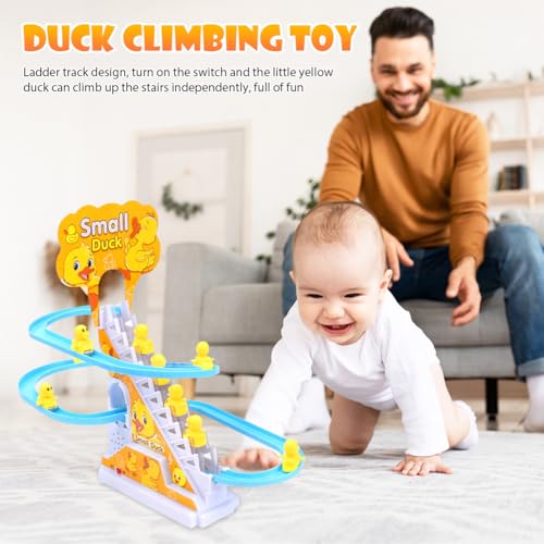 Tutamaz 12 Stück Elektrische Ente Treppensteigen Spielzeug, Enten Achterbahn, Duck Climbing Stairs Toy,Pädagogisches Spielzeug mit blinkenden Lichtern und Musik EIN-/Ausschalter