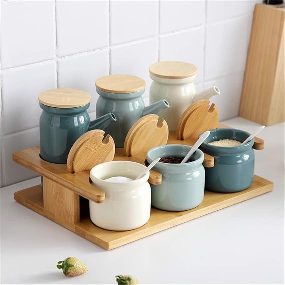 Set of 3 Sugar Bowl, 300ml Ceramic Spice Jar seasoning container salt jar with Bamboo Lid and Ceramic Spoon for Kitchen