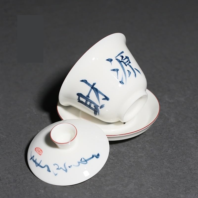 GSOUL Kungfu Tea cup Travel Coffee Cup, White Porcelain Handwritten Blue And Large Covered Bowl, Underglaze Colored Ceramics, Household Single Tea Small Tea Cups