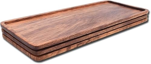 Miniatura 3 de Juego de 3 bandejas de madera maciza de 13.8 x 5.5 pulgadas de madera de acacia natural con borde, rectangulares para evitar deslizamientos y