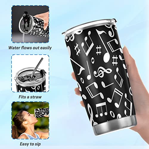 Yasala Tumbler Black White Music Note Insulated Coffee Cup Beverage Container Travel Mug With Straw And Lid Double Wall Stainless Steel 20Oz Holiday Gift #TOP4