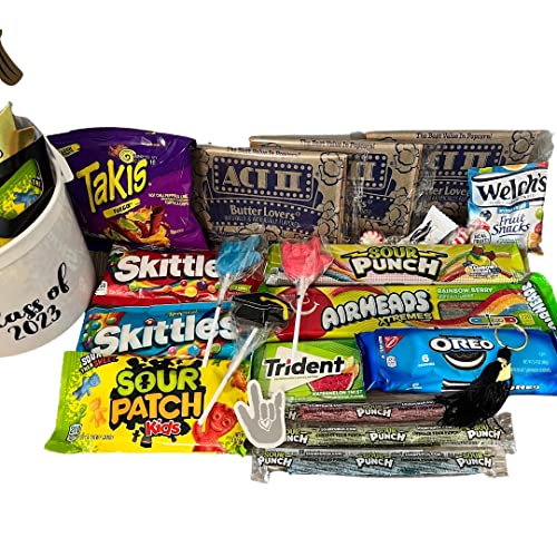 Class Of 2023 Graduation Gift Basket Snack Bundle With Butter Flavored Microwave Popcorn, Sweet & Sour Candy, Gum, Keychain, Ink Pen, Headband Grad Boppers Deluxe Giftset #TOP6