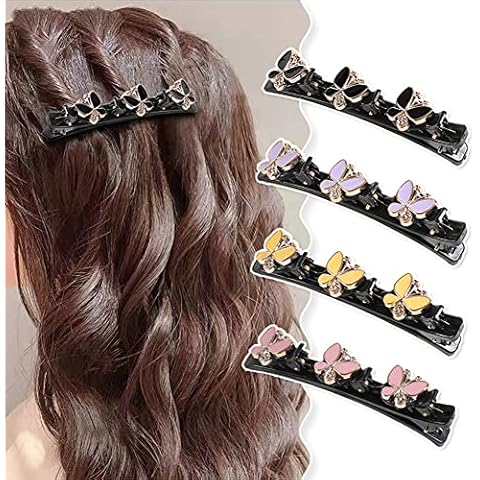 YAHUIPEIUS 4PCS Three Flower Side Hair Clips Sparkling Crystal Stone Braided Hair Clips, Sectioning Hair Clips Double Braided Hair Clips Gifts for Women Girls (B) Cover