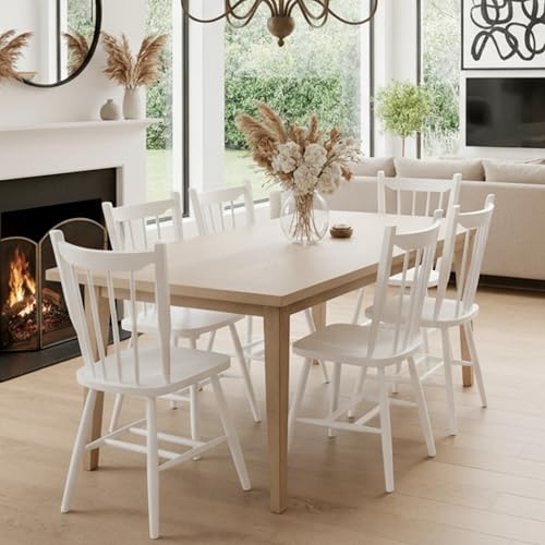Image of HNY White Windsor Dining Chairs Set of 2, Farmhouse Wooden Kitchen Chairs with Spindle Back, Mid Century Modern Armless Kitchen Side Chair for Dining Living Room Restaurant