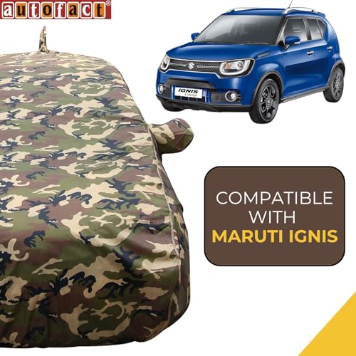 Image of Autofact 100% Waterproof Car Body Cover Compatible with Maruti Ignis (2012 to 2020), with Mirror and Antenna Pockets,4x4 American Matty, Long Lasting Durable Material, Camouflage Army Look