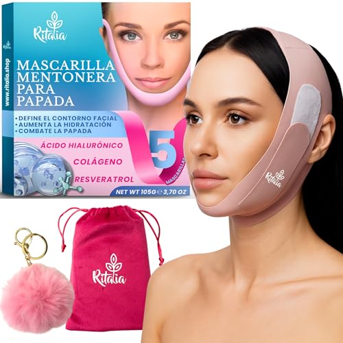 MASCARILLA REDUCTORA DE PAPADA + FAJA FACIAL LIFTING Ritalia® RITUAL PREMIUM V-LINE con COLÁGENO y ÁCIDO HIALURÓNICO | REAFIRMANTE FACIAL ANTIARRUGAS | EFECTO LIFTING MENTONERA MUJER