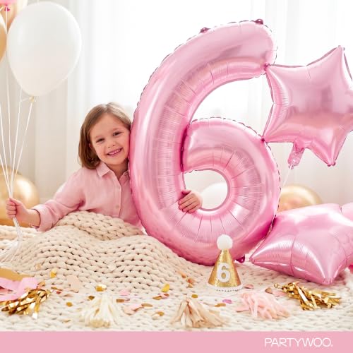 Image of PartyWoo Baby Pink Number 6 Balloon 40 Inch 25pcs Pink Foil Star White Gold