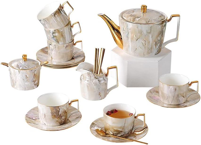 Marble Tea Set Bone China Teapot 6 Coffee Mug Pot Creamer Sugar Bowl Afternoon Teaware Kitchen Supplies