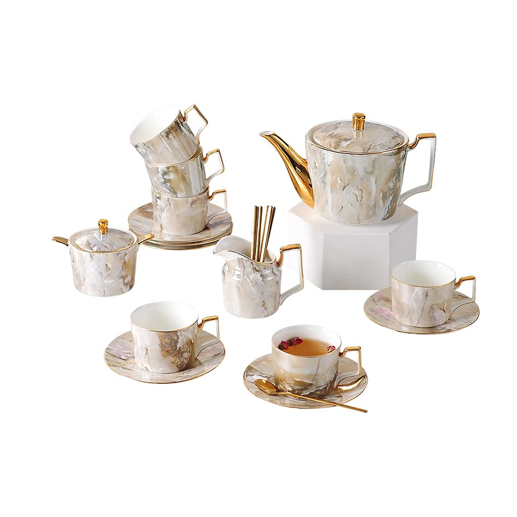 TYUHDUYUR Marble Tea Set Bone China Teapot Set 6 People Coffee Mug Pot Creamer Sugar Bowl Afternoon Teaware Kitchen Supplies