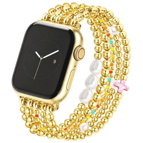 Newlibery Gold Beaded Bracelet Bands Women Compatible with Apple Watch 40mm 42mm(S10/11) 41mm 38mm Colorful Cross Dressy Stretchy Jewelry Strap Replacement for iWatch Series 11/10/9/8/7/6/5/4/3/2/1/SE