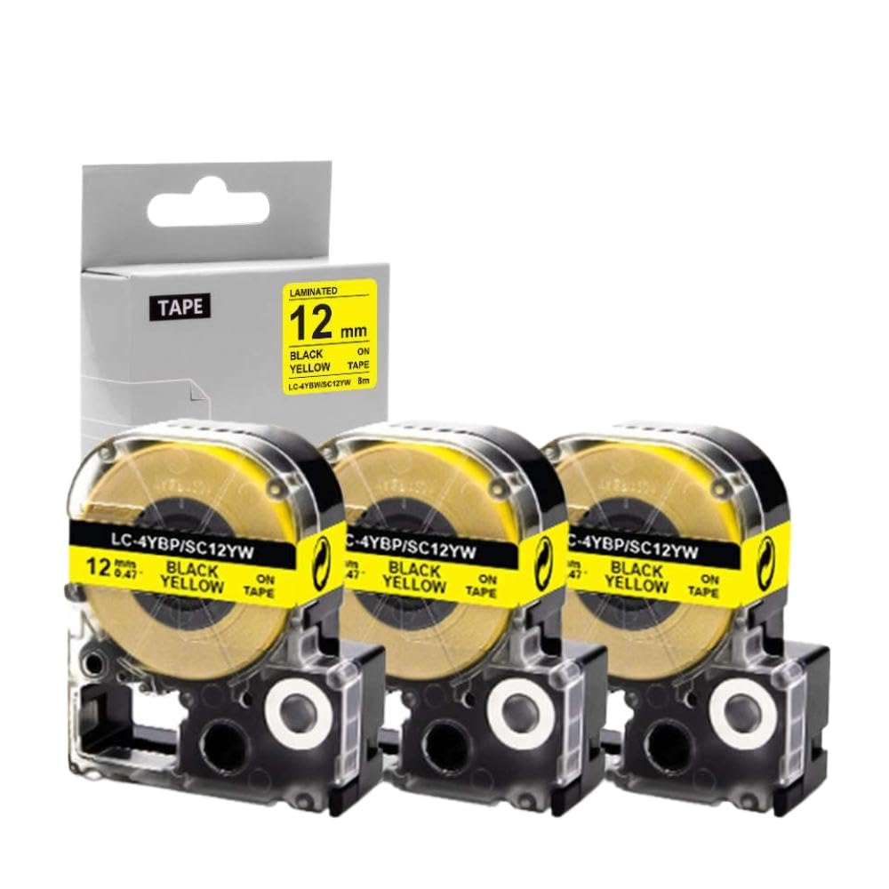 3PK Cinta SC12YW de 12 mm para rotuladora Compatible con SC12YW LK-4YBP LW-700 Negro sobre Amarillo