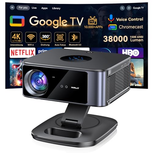Beamer【Google TV/Autofokus & 1500 ANSI】 Full HD 1080P HORLAT Beamer 4K Heimkino mit WiFi 6, Bluetooth 5.3, HDR10, Sprachassistent, um 360° drehbarer Ständer Projektor