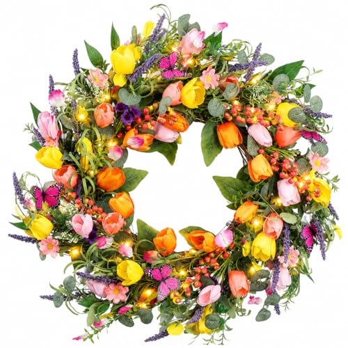 24 Inch Spring Wreaths for Front Door, Artificial Tulip Wreath with Lights & Butterflies, Spring Summer Easter Wreath for Indoor Outdoor Decor