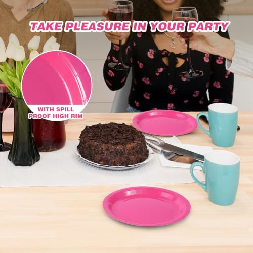 Image of Hot Pink Disposable Paper Plates, 7 Inch Dessert Cake Plates, 50 Count Bulk