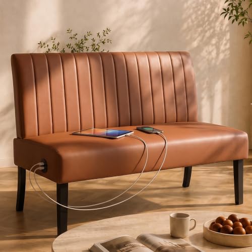 Image of Leather Armless Loveseat with Charging, Small Couch for Living Room, Brown