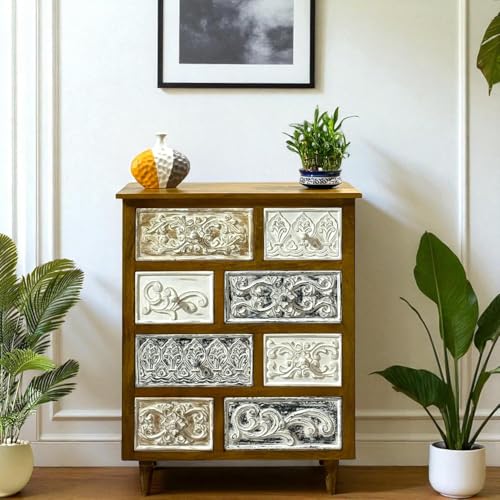 Image of Solid Wood Udaipur Chest of Drawers | 8-Drawer Wooden Dresser with Storage | Light Brown Distressed Finish