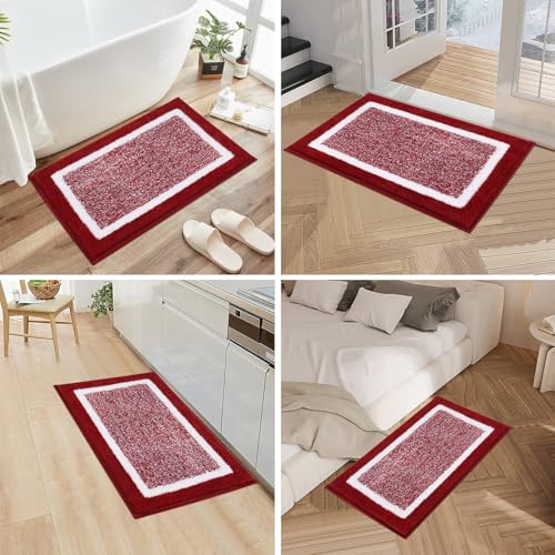 Pauwer 3 Piece Bathroom Shower Rugs with U-Shaped Contour Toilet Mat, Absorbent Microfiber Plush Bath Mats, Non Slip, Machine Washable Shaggy Bathroom Floor Mats, Red