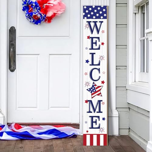 Patriotic 4th of July Welcome Sign for Front Porch, 250th Anniversary Memorial Day Wooden Porch Sign For Outdoor Patio, USA American Flag Standing Yard Sign Summer Door Signs for Garden Wall