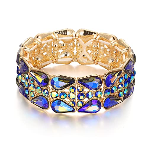 BriLove Wedding Bridal Elegant Crystal Double Row Teardrop Rhinestones Cluster Stretch Bangle Bracelet for Bride