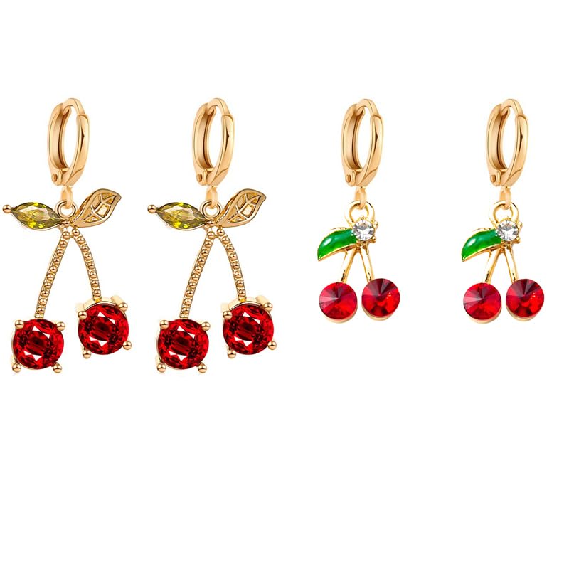 2 Pairs 14K Gold Plated Sweet Red Cherry Hoop Earrings for Women Cherry Green Leaf Drop Earrings 3D Cute Sweet Fruit Earrings Summer Jewelry Gift