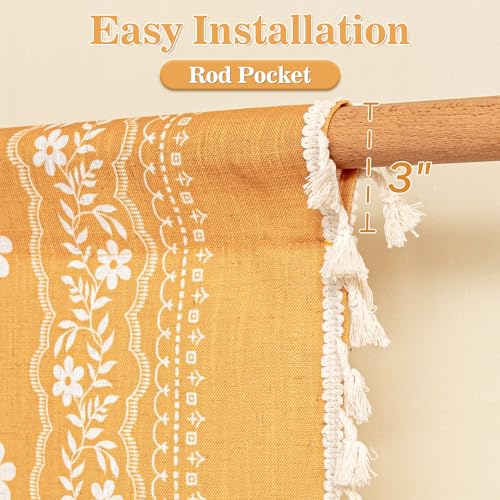 Image of MYSKY HOME Short Boho Tiers Curtains 36 Inch Length Over Sink Linen Blend | Golden Yellow Bohemian Cafe Curtains for Bathroom Basement Light Filtering Drapes with Tassels Rod Pocket, 26 inch Wide, 2 Panels