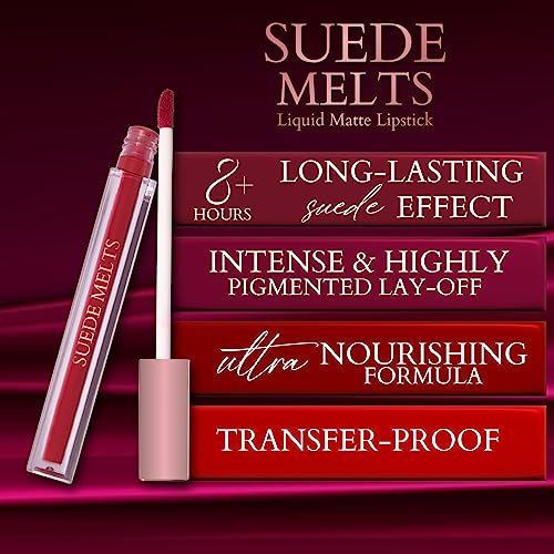 Image of Bergamot Beaute Matte Liquid Lipstick Suede Melts Non Transfer, Waterproof, Kiss Proof Long Lasting Upto 8 + Hours For Women 2.1ml (Crimson Melt)