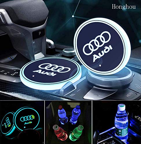 Honghou Technology 2pcs LED Car Cup Holder Lights for Audi, 7 Colors Changing USB Charging Mat Luminescent Cup Pad, LED Interior Atmosphere Lamp(Audi)