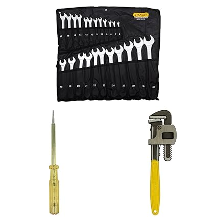 Stanley 70-965E Chrome Vanadium Steel Combination Spanner Set (23-Pieces) & 178mm/7.5'' Spark Detecting 2-in-1 Screwdriver 5mm & 71-642 12''/300mm Stilson Type Pipe Wrench