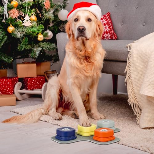 MEWOOFUN Hundeknöpfe Trainingsklicker mit Sprachaufzeichnung für das Hundetraining mit Matte und DIY-Aufklebern – Haustier-Befehlssummer für Hunde und Katzen (4 Pack)