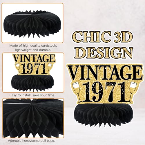Image of 9Pcs 55th Birthday Decorations Honeycomb Centerpieces for Men Women, Black Gold Happy 55th Birthday Centerpieces Tables Toppers Party Decorations Supplies, Vintage 1971 Aged Table Sign Decor