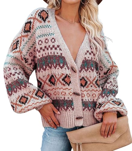 ebossy Women's Casual Oversized Toggle Button Sweaters Cable Knit Long Sleeve Aztec Print Warm Cardigan Coat - Main Image