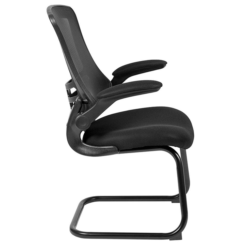 Flash Furniture Silla con base metálica delgada, silla de recepción con reposabrazos abatibles, espuma, malla negra, 1 ud.