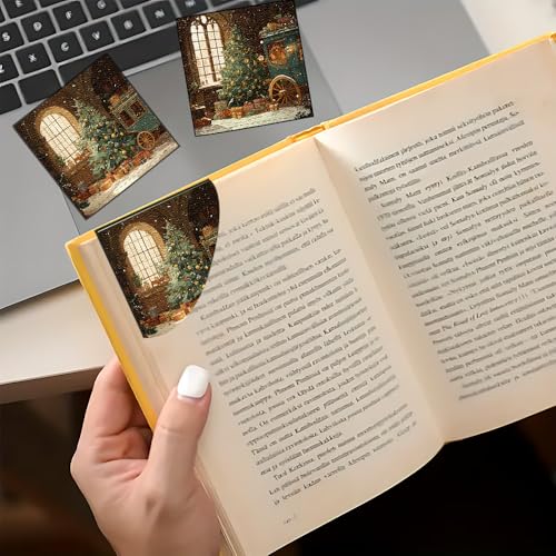 Image of 2Pcs Christmas Wreath Corner Bookmarks, Handmade PU Leather Page Corner Protectors, Vintage Holiday Art Stationery Gift for Book Lovers, Kids, Teachers, Reading Accessories 3.54 x 3.54