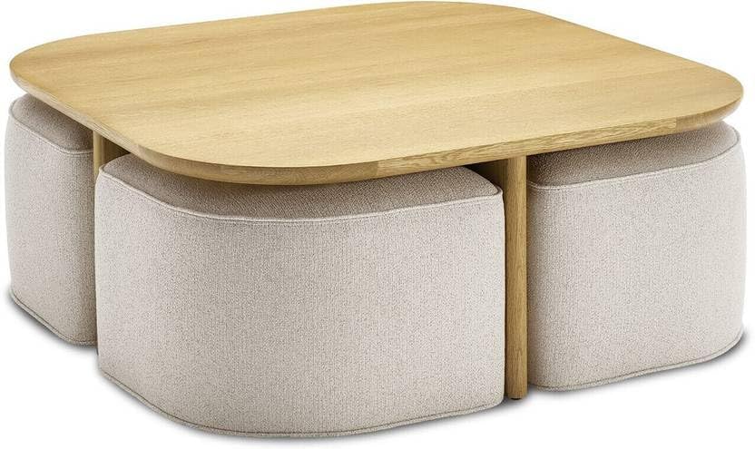 Image of Mango Wood Coffee Table with 4 Stools for Home | Oval Centre Table with Four Seating Stools | Space Saving Patio Tables with 4 Upholstered Puffy Ottoman for (Natural Teak)