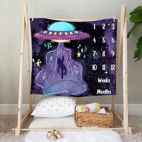 Image of UFO Baby Monthly Milestone Blanket, 48x48in Soft Flannel, Alien Round Spaceship, Newborn Mom Gifts, Baby Shower Age Growth Tracker with Bonus Maker (Purple, 48x48in)