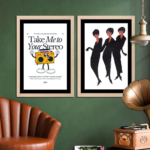 Image of NoWorries Retro Music and Fashion Disco Art Wall Painting | Vintage Stereo Quote & Dancing Silhouette Posters Frames | Premium 300 GSM Paper Print with Synthetic Wooden Frame | Modern Aesthetic Wall Decor for Living Room, Bedroom, Music Room & Office (Set of 2) (NATURAL, ART-6, 13X19INCHES)