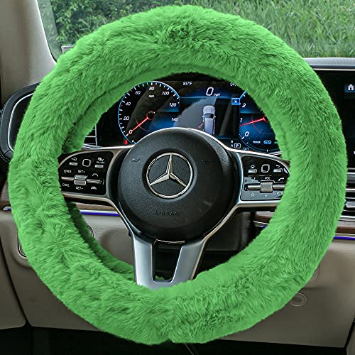 Image of FH Group Doe16 Faux Rabbit Fur Cozy Steering Wheel Cover Ultimate Protection Universal Fit for Most Cars, Trucks, SUVs, and Vans Green