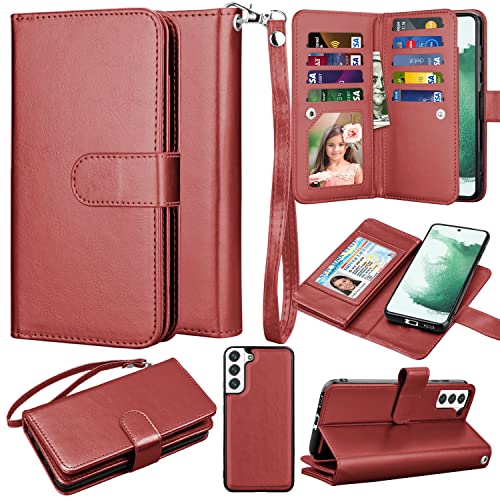 Takfox Wallet Case for Samsung Galaxy S22 Plus, Galaxy S22 Plus Case, PU Leather Credit Card Holder Phone Case [9 Card Slots] Folio Flip Detachable Magnetic Cover Kickstand & Carrying Strap-Wine Red