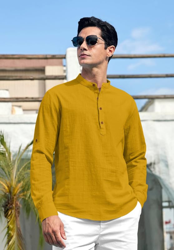 Image of FINIVO FASHION Men's Cotton Polyester Blend Solid Regular Fit Full Sleeve Short Kurta