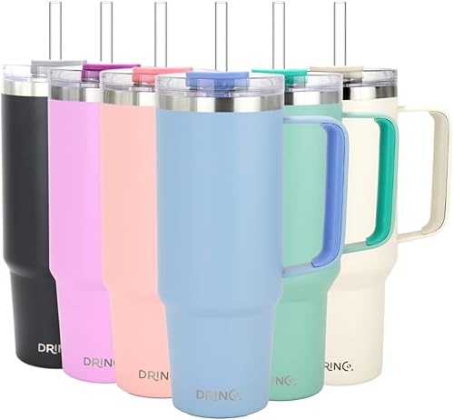 Drinco BigSur - Vaso de 40 onzas con asa, tapa con pajilla, taza de viaje de acero inoxidable aislada, botella de agua, taza de café helado para