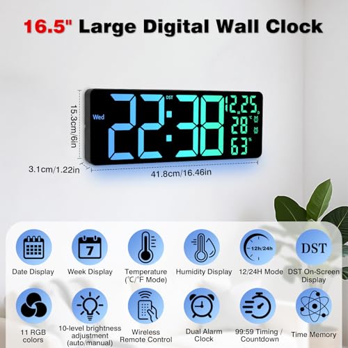 Drepint LED Reloj de Pared Digital de 11 Colores RGB,Reloj Pared Digital de16.5 Pulgadas con Temperatura Humedad,Fecha, Alarma para Decorar Salones, dormitorios y oficinas - imagen 2