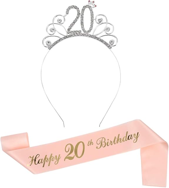 Rose Gold Happy 20th Birthday Sash and Birthday Tiara Rhinestone Crown Headband for 20 Birthday Gift Party Accessories