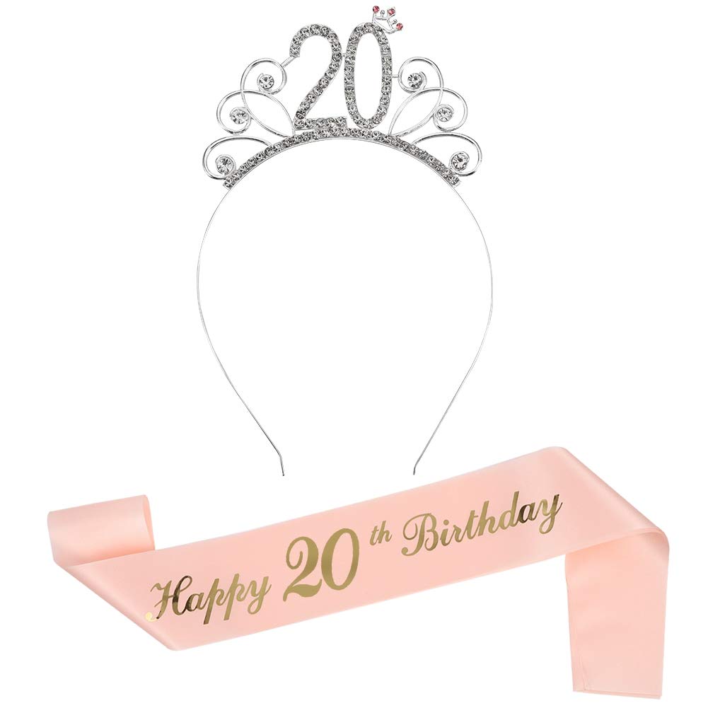 Rose Gold Happy 20th Birthday Sash and Tiara Rhinestone Crown Headband for Party Accessories