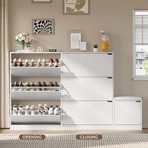 Image of BORNOON Shoe Cabinet with Bench and 3 Flip Drawers, Slim Narrow Shoe Storage Cabinet, Freestanding Shoe Rack Organizer with Adjustable & Removable Shelves, Anti-Tip for Entryway, Hallway, Foyer