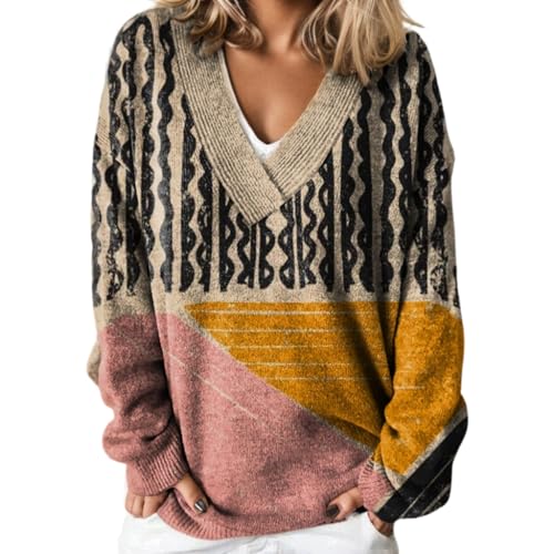 Women's Casual Cute Graphic Print V-Neck Pullover Sweater Fall and Winter Oversized Vintage Long...