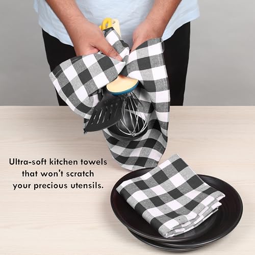 Image of 4 Pack Gingham Buffalo Check Kitchen Dish Towels 100% Cotton 16x26 Inches - Super Absorbent Quick Drying Hand Tea Towels, Restaurant Cleaning Towels with Hanging Loop, Black White