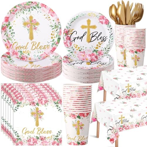 Yungyan 194 Pcs Baptism Plates and Napkins Tablecloth Cups