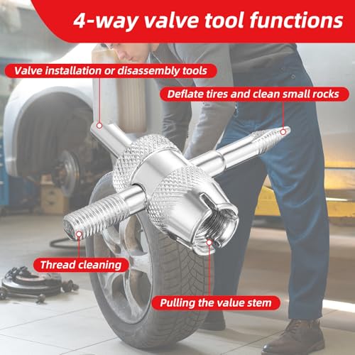 Image of 44PCS Tire Valve Stem Tool, Spool Installation and Valve Core Removal Tools, 4 Way Valves Puller Tool, Stem Cover Caps for All Types of Tires