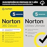 Norton 360 Deluxe+Utilities 2026|Antivírus 5 Dispositivos|1 año con renovación automática| Descarga digital