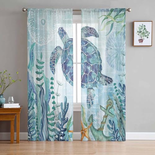 Gsypo Ocean Sheer Curtains for Living Room 2 Panels, Turtle Starfish Anchor Seaweed Marine Voile Window Curtains Drapes Light Filtering & Privacy Nautical Coastal Window Treatment W52 x L84, Set of 2